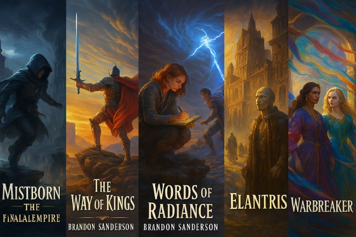 Brandon Sanderson Best 5 Books — cover-style art of Mistborn: The Final Empire, The Way of Kings, Words of Radiance, Elantris, and Warbreaker in one image.