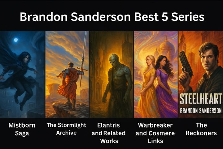 Brandon Sanderson Best 5 Series — illustrated covers of Mistborn Saga, The Stormlight Archive, Elantris and Related Works, Warbreaker and Cosmere Links, and The Reckoners.