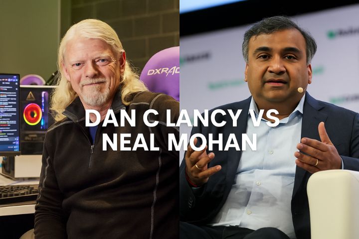 Side-by-side comparison of Twitch CEO Dan Clancy and YouTube CEO Neal Mohan with text overlay “Dan Clancy vs Neal Mohan.”
