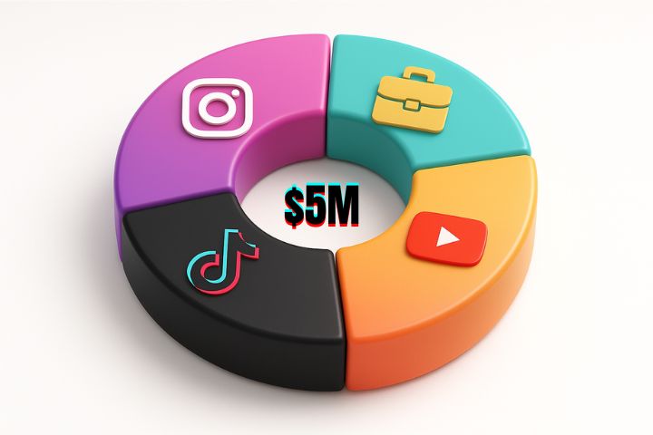 3D donut chart infographic of Emilie Kiser net worth distribution across Instagram, TikTok, YouTube, and Other Ventures with platform logos in their signature colors, minimal white background.