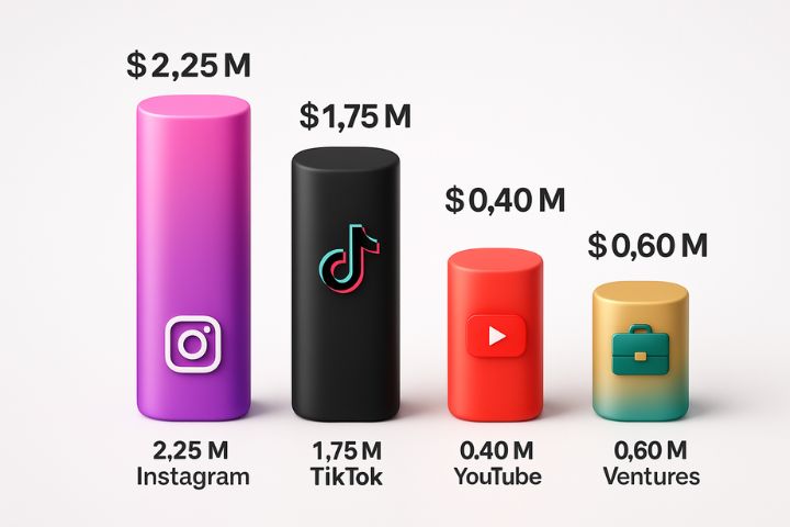 “Emilie Kiser net worth graph 2025 showing platform earnings split: Instagram $2.25M, TikTok $1.75M, YouTube $0.40M, Other $0.60M.”