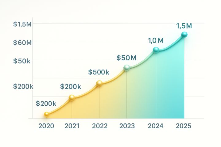 “Emilie Kiser net worth growth graph from 2020 to 2025 showing yearly values: 2020 $200k, 2021 $500k, 2022 $600k, 2023 $1.0M, 2024 $1.3M, 2025 $1.4M.”