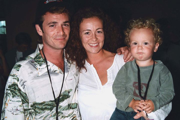 Luke Perry with his wife Rachel Sharp and young son Jack Perry in a family photo.