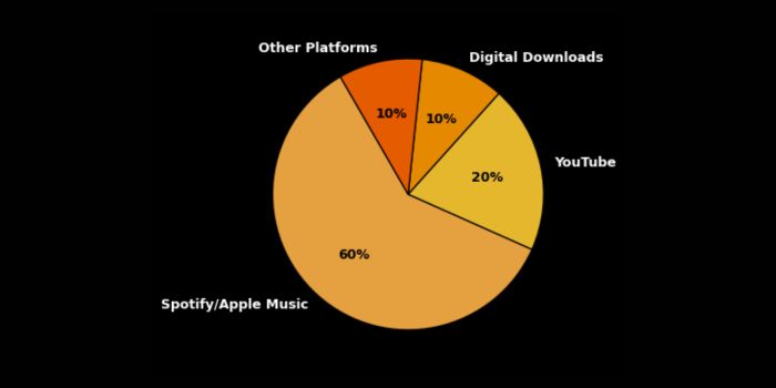 Tyla Net Worth streaming revenue breakdown 2025, with Spotify and Apple Music leading at 60%, YouTube 20%, others 20%.
