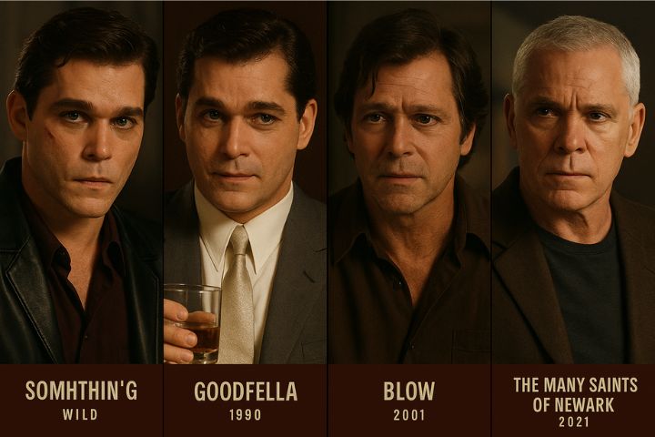 Collage banner showing Ray Liotta in four iconic movies: Something Wild, Goodfellas, Blow, and The Many Saints of Newark.